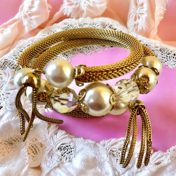 Vintage Gold-tone Bracelet SPRING COIL WRAP Beads Pearls Tassels - Picture 5 of 10